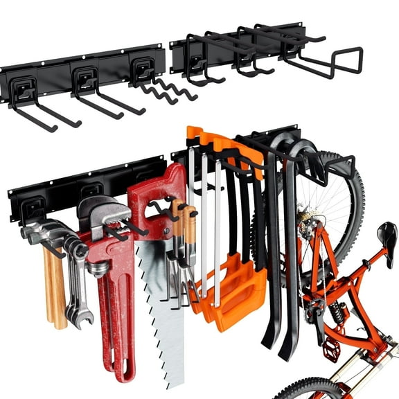 Heavy Duty Hooks with Rails, Tools Organizer Wall Mount, Solid Steel Holds 594 lbs, Anti-Rust Coating, Easy Installation for Garage Storage, Shed Organization