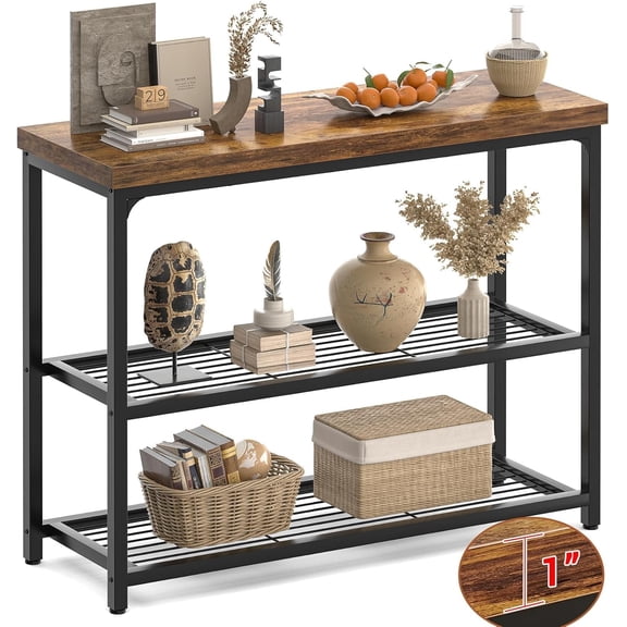 32" Industrial Console Table with 3-Tier Storage, Oak Grey | Small Entryway Table with Mesh Shelves, Sofa Table Behind Couch for Hallway, Foyer, Living Room, Sturdy Metal Frame