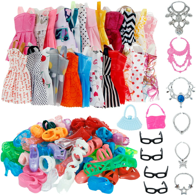 32 Item/Set Doll Accessories=10 Mix Fashion Cute Dress+ 4 Glasses+ 6  Necklaces+2 Handbag+ 10 Shoes Dress Clothes For Barbie Doll 