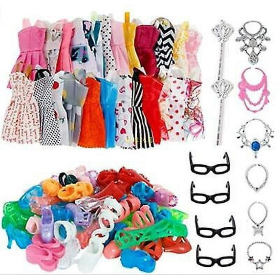 32 Item/set Doll Accessories=10 Pcs Doll Clothes Dress+4 Glasses+6 Necklace+2 Handbag+10 Pairs Shoes For Barbie Doll