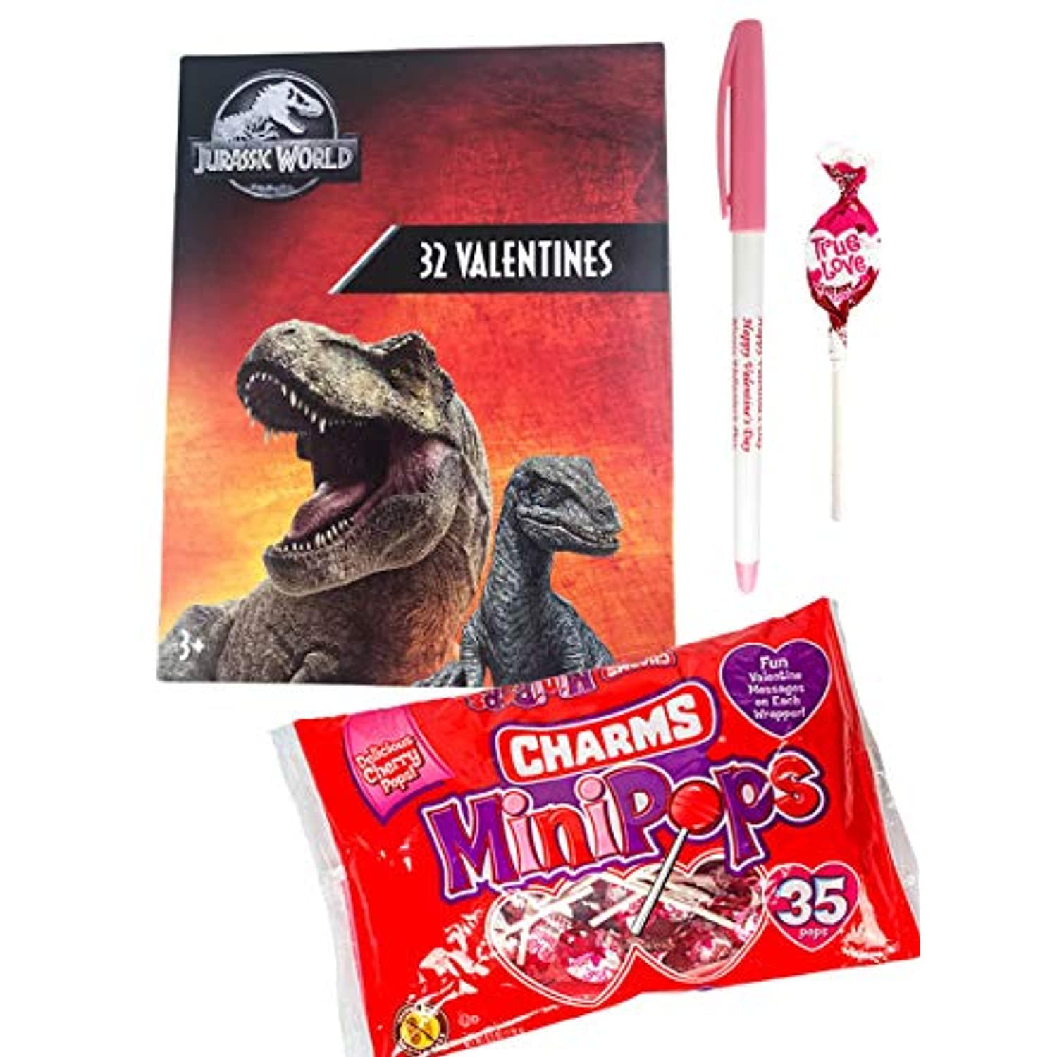 32 Jurassic World Valentine Cards with Charms Mini Lollipops and
