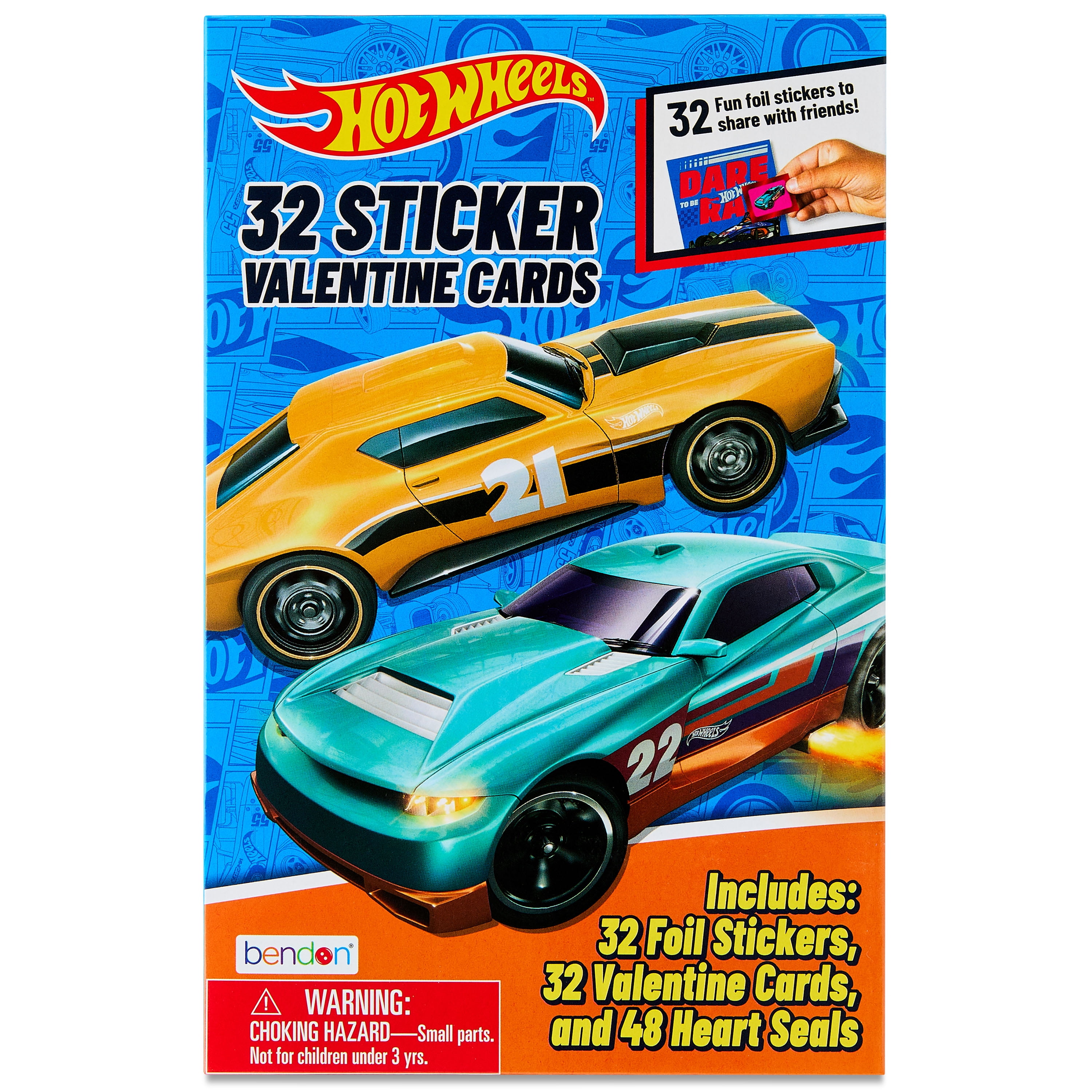 Hot Wheels Cars Valentines Day Cards, 32 Classroom Exchange Greeting Cards with Stickers for Kids