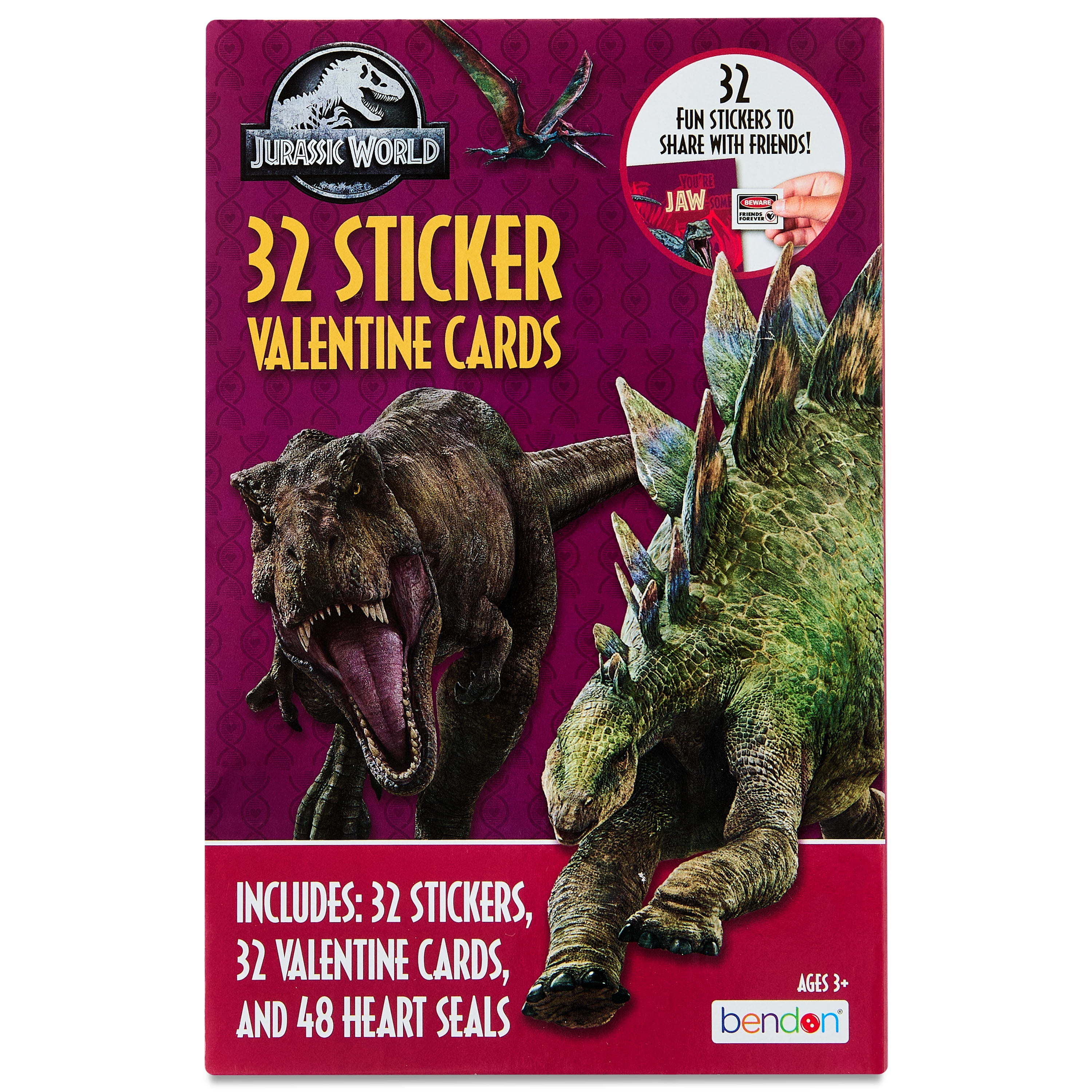 Jurassic World Dinosaur Valentines Day Cards, 32 Classroom Exchange Greeting Cards with Stickers for Kids