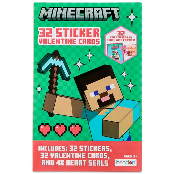 Minecraft Valentines Day Cards, 32 Classroom Exchange Greeting Cards with Stickers for Kids