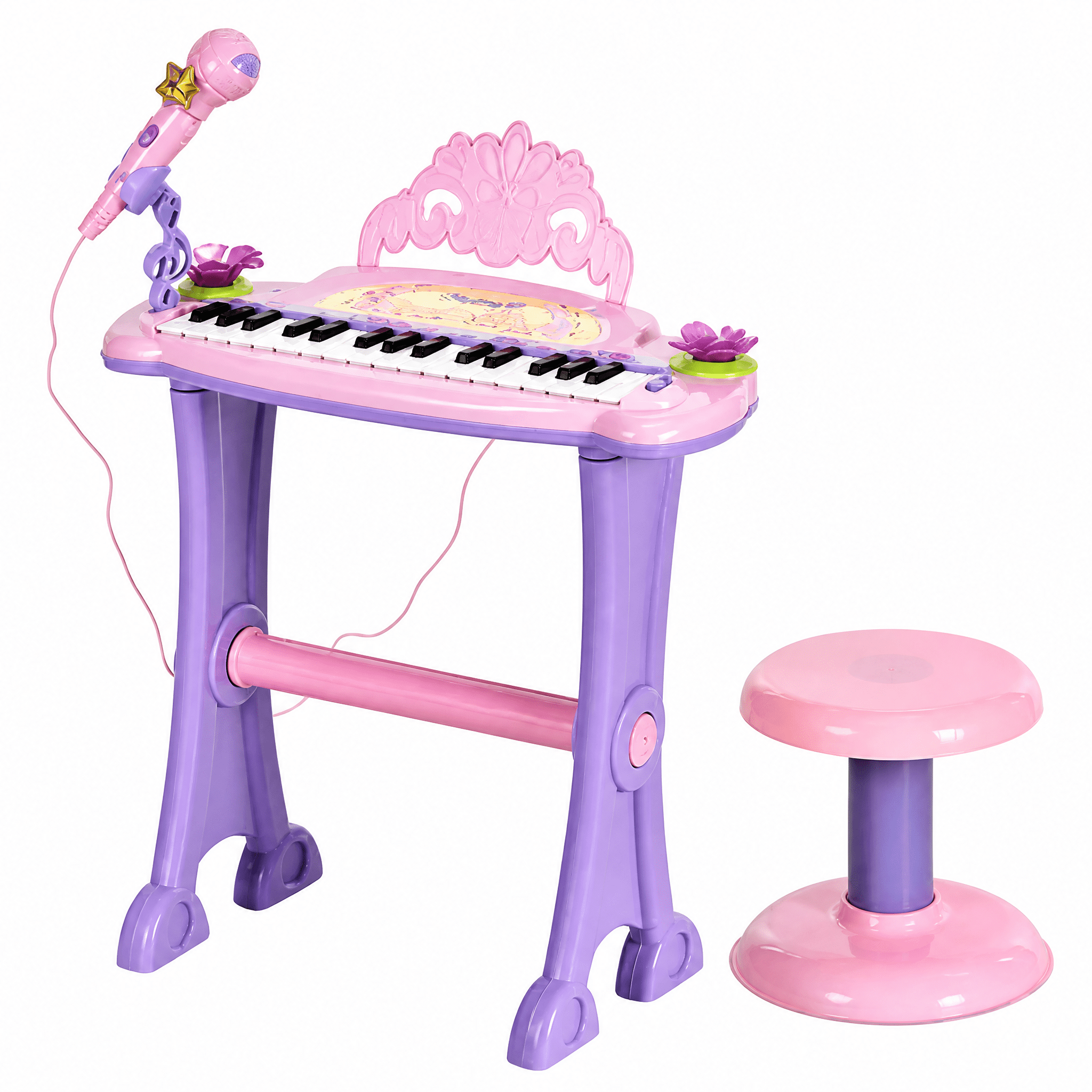 32-Key Kids Toy Piano, Princess Style with Stool, MP3, Record, Flashing Lights & Microphone, Pink