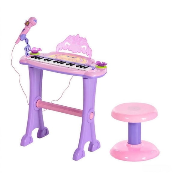 32-Key Kids Toy Piano, Princess Style with Stool, MP3, Record, Flashing Lights & Microphone, Pink