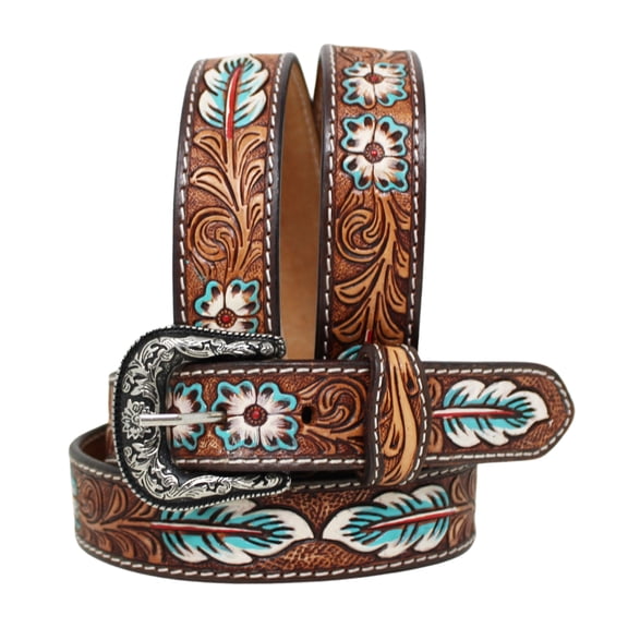 32  Kids Western 1-1/4" Turquoise Floral Tooled Full-Grain Leather Belt 26RS07C