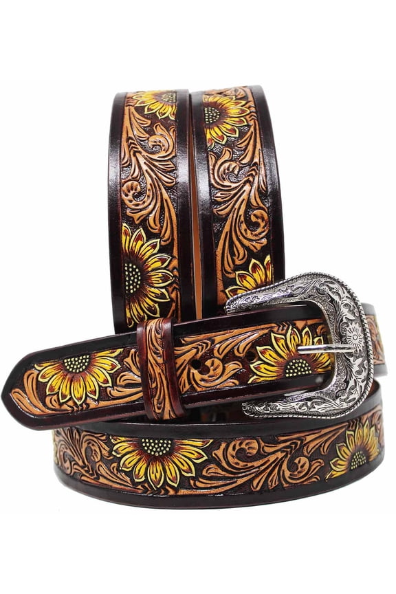 32" Kids Youth 1-1/4" Western Full-Grain Sunflower Tooled Leather Belt 26FK09C