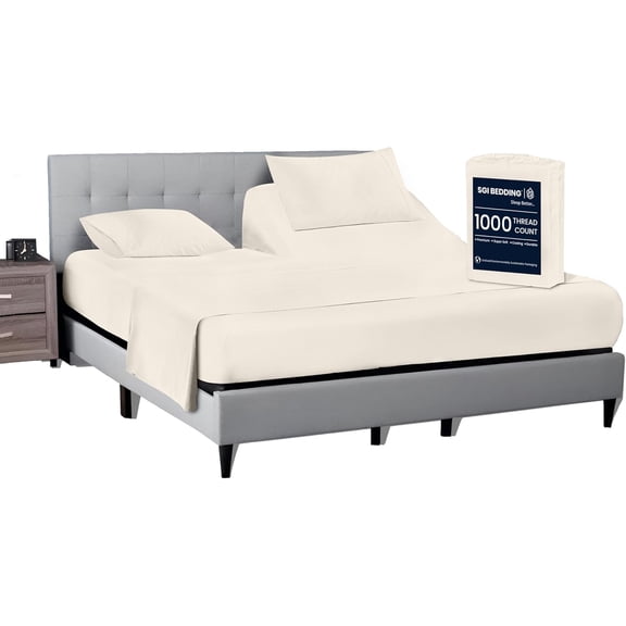 32" King Split Top Flex Head Sheet 100% Egyptian Cotton Sheet Set 1000 Thread Count Flex Top Sheet for Adjustable Bed 4Pc Sheet Set 15" Deep Pocket for Sleep Number Bed- Butter