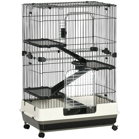 32"L 4-Level Small Animal Cage Rabbit Hutch with Universal Lockable Wheels, Slide-out Tray for Bunny, Chinchillas, Ferret, Black