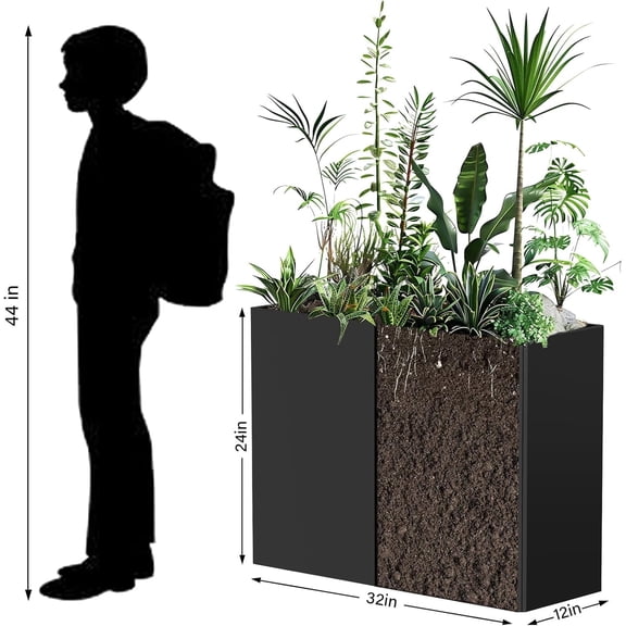 32"L x 12"W x 24"H Rectangular Galvanized Steel Planter Box with Removable Insert Shelf & 4 Drainage Holes, Heavy-Duty Construction for Indoor/Outdoor Use (Black)