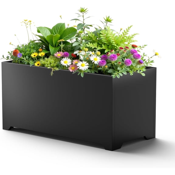 32" L x 15" W x 15" H Rectangular Metal Planter Box, Trough Planter Box with 6 Drainage Holes & Raised Bottom, Black Large Outdoor Planters for Patio, Yard, Garden,Commercial Residential