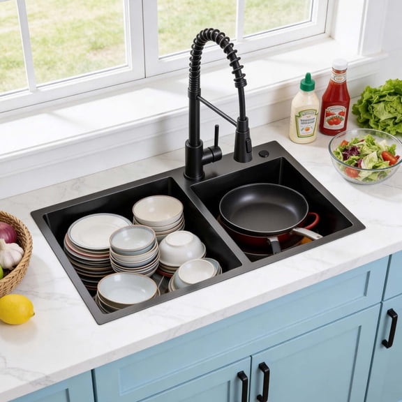 32"L x 19"W Drop-In Double Bowl 16-Gauge Black Stainless Steel Kitchen Sink with Drain Assembly