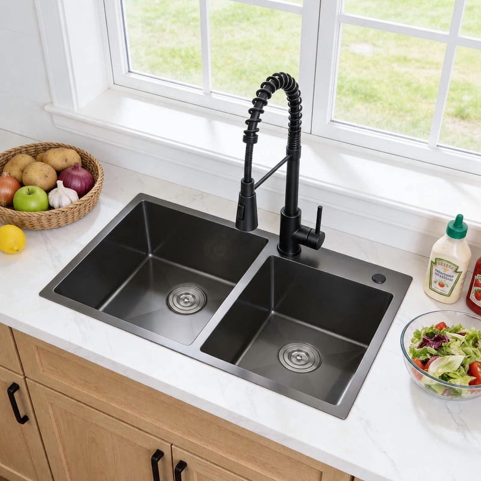 32"L x 19"W Drop-In Double Bowl 20-Gauge Black Stainless Steel Kitchen Sink with Drain Assembly