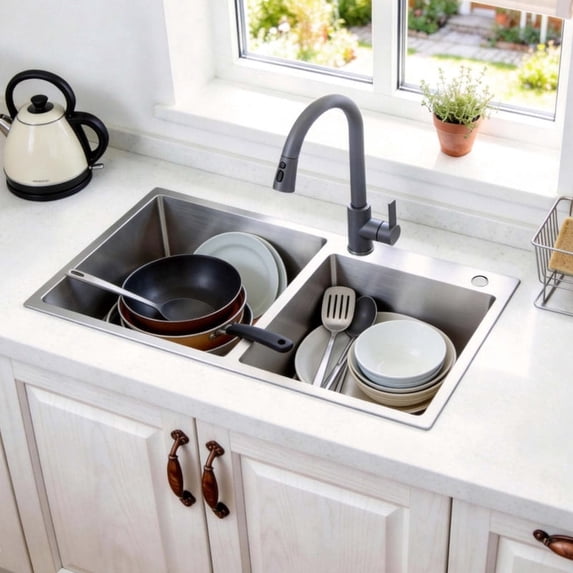 32"L x 19"W Drop-In Double Bowl 16-Gauge Brushed Nickel Stainless Steel Kitchen Sink with Drain Assembly