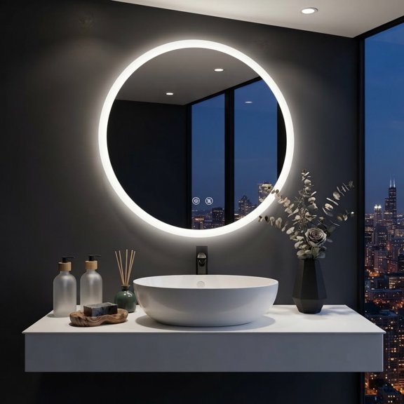 32 LED Bathroom Mirror Backlight Round Vanity Mirror for Wall Dimmable