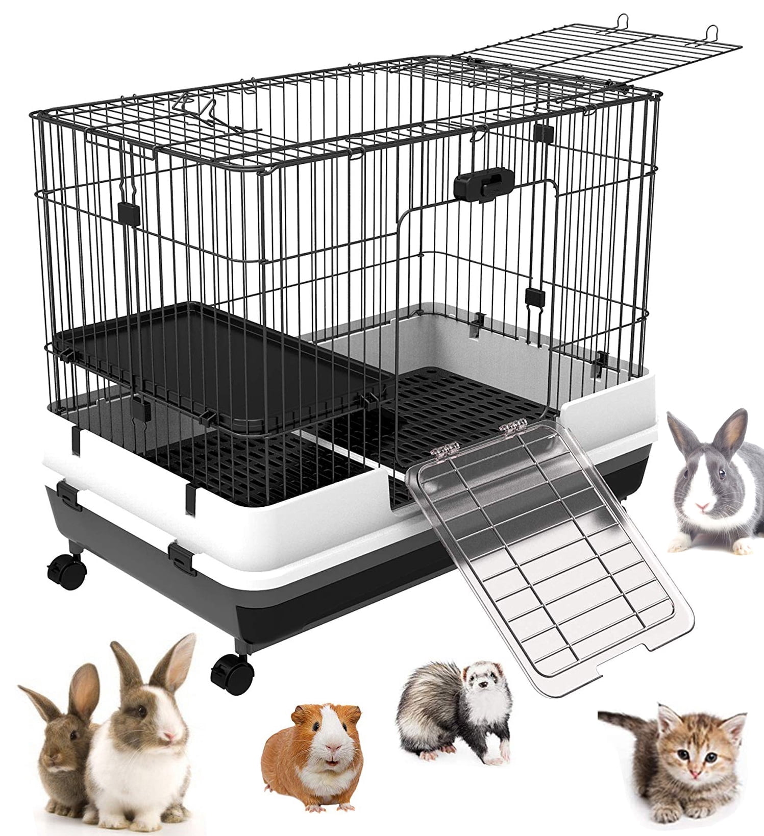 32" Large 2-Tiers Animal Pet Cage for Guinea Pig Ferret Chinchilla Cat Playpen Rabbit Hutch with Solid Platform & Ramp Removable Washable Bottom Tray Large Access Doors Lockable Casters