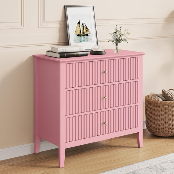 32" Large Nightstand, Fluted Painted Bedside Table with 3 Spacious Drawers, Modern Tall End Table for Bedroom, Pink