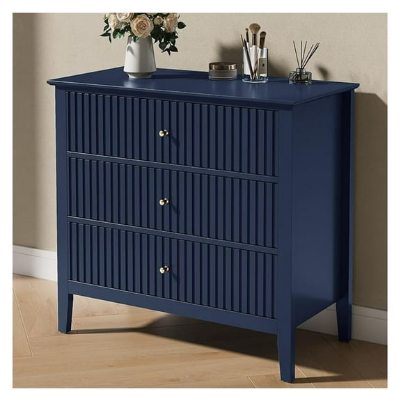 32" Large Nightstand, Fluted Painted Wood Dresser with 3 Spacious Drawers, Blue Modern Bedside Table for Bedroom