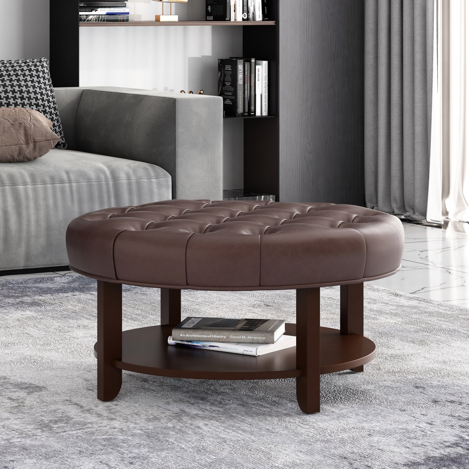 32" Large Round Ottoman Coffee Table with Storage, Upholstered Button ...