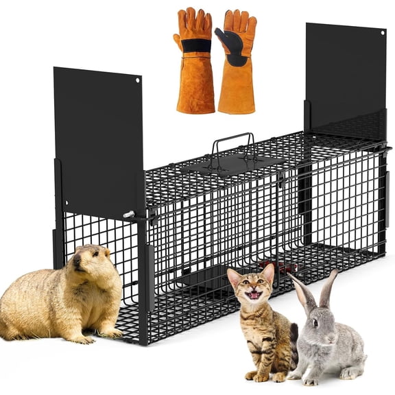 32" Live Animal Cage Trap, 2-Door Heavy Duty Folding Raccoon Traps with Gloves, Humane Cat Trap for Stray Cats, Raccoons, Rabbit, Squirrel, Skunk, Groundhog, Opossums,Armadillo,Catch and Release