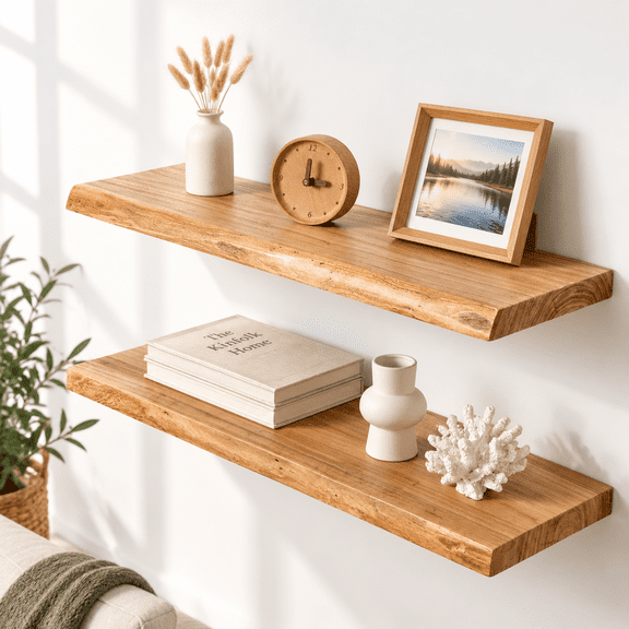 32" Live Edge Floating Shelves Solid Elm Wood Shset Of 2