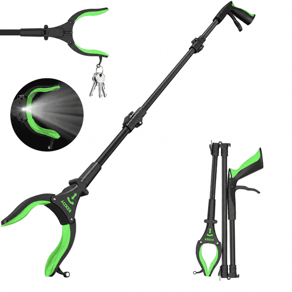 32'' Long Grabber Tool, Grabbers for Elderly Grab It Reaching Tool with Light, Grabber Reacher Tool Heavy Duty with Rotating Jaw & Magnets(Green)