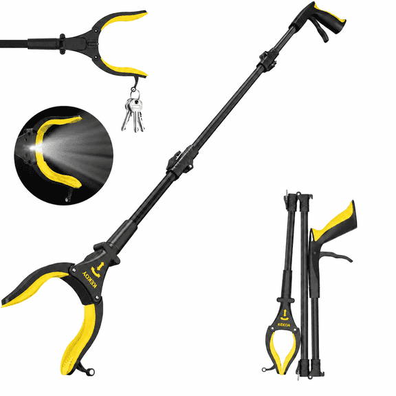 32'' Long Grabber Tool, Grabbers for Elderly Grab It Reaching Tool with Light, Grabber Reacher Tool Heavy Duty with Rotating Jaw & Magnets(Yellow)