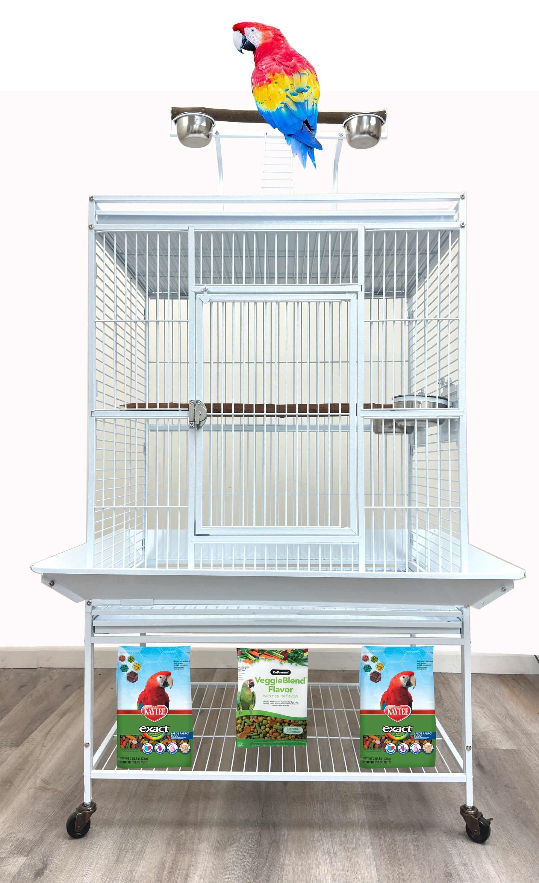32"Lx23"Wx69"H X-LARGE Deluxe and Durable Wrought Iron Double Ladders Open Play Top Bird Parrot Rolling Cage, Include Stainless Feed Cups Natural Wooden Stand Perch Seed Guard