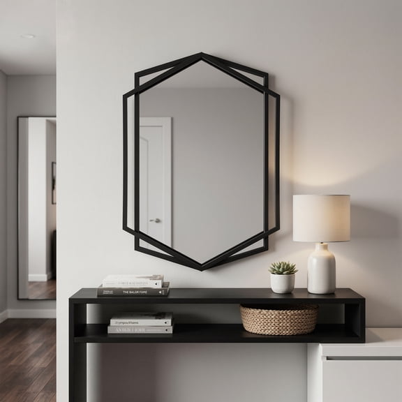 Langford Home 32" Matte Metal Hexagon Wall Mirror, Black