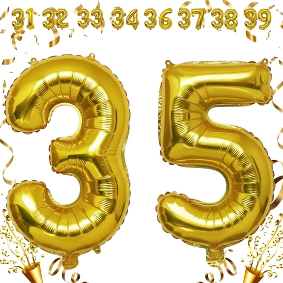 Gold 35 Number Balloon 32" Giant Helium & Air Filled Foil Mylar Self-Seal Balloons for 35th Birthday, Anniversary, Graduation, Milestone Celebration