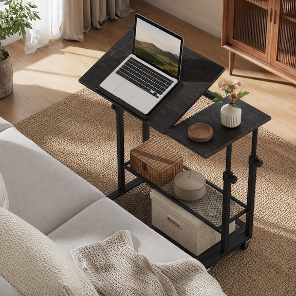 32" Mobile Stand up Desk with Open Shelf & Tilting Tabletop, Height Adjustable Standing Table,Oak