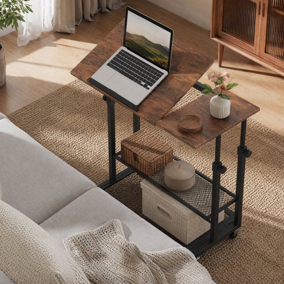 32" Mobile Stand up Desk with Open Shelf & Tilting Tabletop, Height Adjustable Standing Table, Rustic Brown