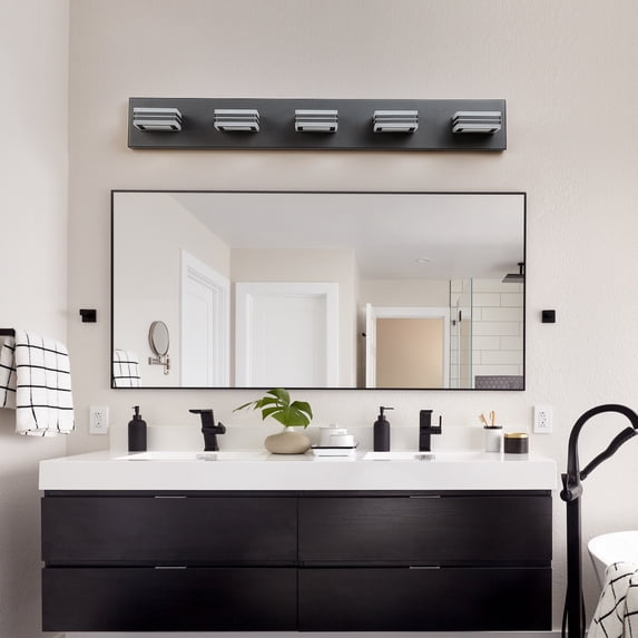 32" Modern Black 5-Light LED Vanity Light, Square Acrylic Lampshades Wall Mount Fixture for Bathroom, Mirror Lighting