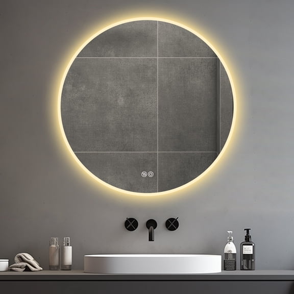 32" Modern LED Round Bathroom Vanity Mirror, Color Temperature Adjustable, Anti-Fog Dimmable Lights, Wall Mounted Makeup Mirror with Smart Touch Button