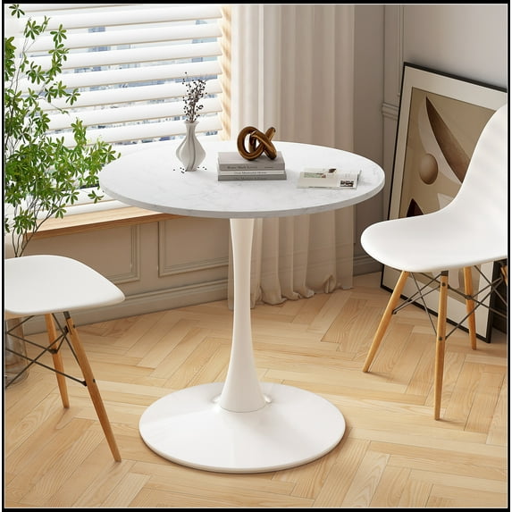 32"Modern Round Dining Table with Printed White Marble Table Top,Metal Base Dining Table, End Table Leisure Coffee Table