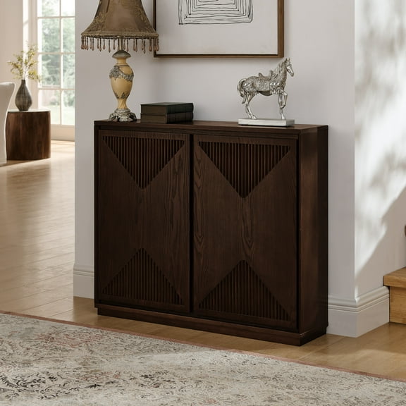 32" Modern Storage Cabinet with V-shape Fluted Design, Buffet Cabinet with Storage and Outlet Holes, Narrow Side Cabinet for Living Room Entryway Hallway Kitchen, Walnut