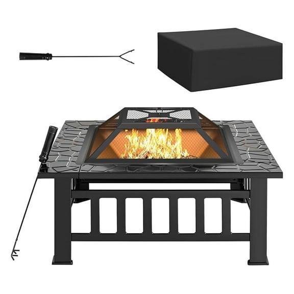 32" Multifunctional Outdoor Table with Screen, Fire Grate and Metal Square Fireplace for Outdoor Heating, Backyard BBQ, Camping and Garden Party