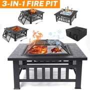 32 Multipurpose Fire Pit, Outdoor Fire Pit Table for Net Lid/Poker, Square Bronze Firepit Stove for Outside Camping Backyard Bonfire