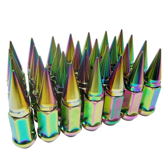 32 Neo Chrome Universal 2pc Extended Spike Lug Nut M12x1.5 Conical Seat Hex 3/4
