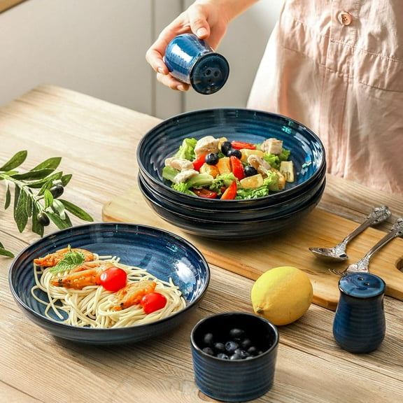 32 OZ Ceramic Pasta Bowls Set of 4, Navy Blue Shallow Plates for Soup, Salad, Noodles, Dishwasher & Microwave Safe