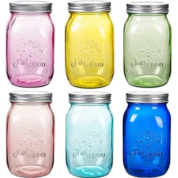 32 OZ Colored Mason Jars with Lids, 6 Pack Wide Mouth Quart Canning Jar, Safe for Storage, Pickling, Preserving, Fermenting, DIY Crafts & Decor