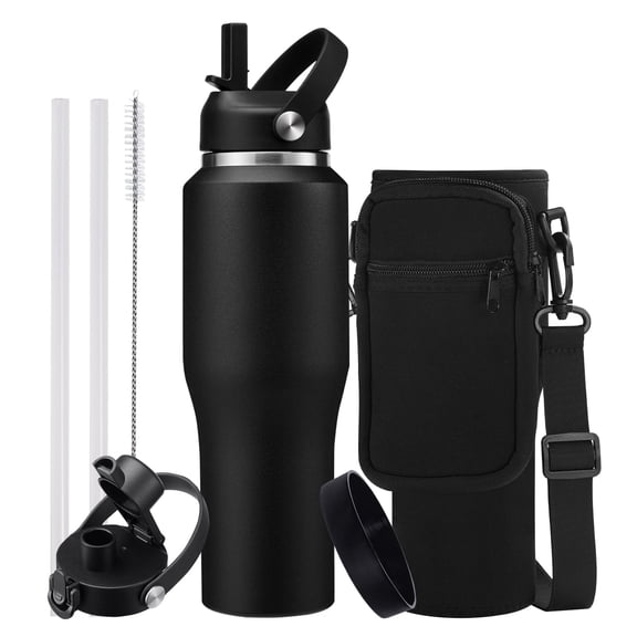 32 OZ Insulated Water Bottle Tumbler with Straw - Spout Lids, Carrier Bag, Leak-Proof Stainless Steel Thermo Mug Flask Fit in Car Cup Holder