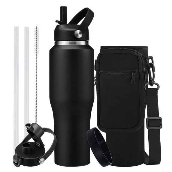32 OZ Insulated Water Bottle Tumbler with Straw - Spout Lids, Carrier Bag, Leak-Proof Stainless Steel Thermo Mug Flask Fit in Car Cup Holder