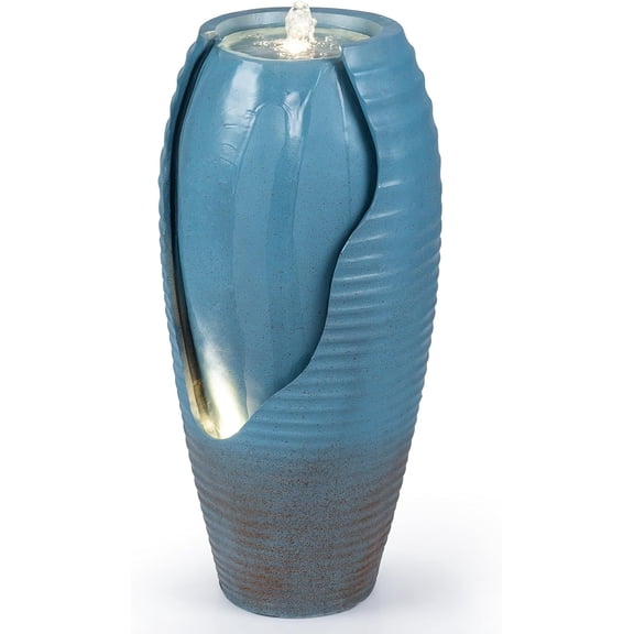 32" Outdoor Jar Water Fountain with LED Lights, Vintage Blue Cracked Jar Design, Cascading Waterfall with Adjustable Pump, Resin Patio Water Feature for Garden, Balcony, Porch, Indoor Decor