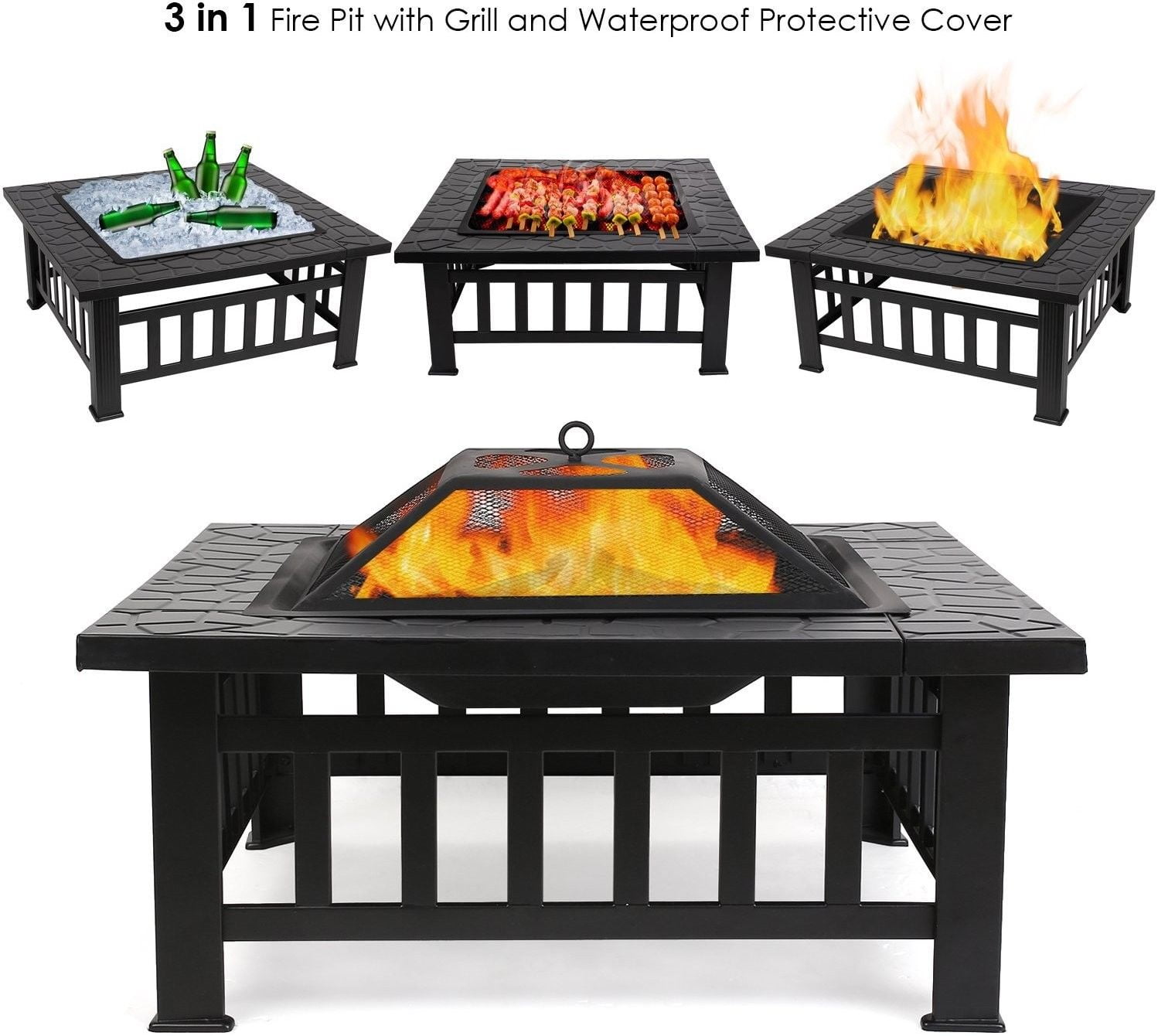 32" Outdoor Metal Fire Pit Backyard Patio Garden Square Stove FirePit Heater