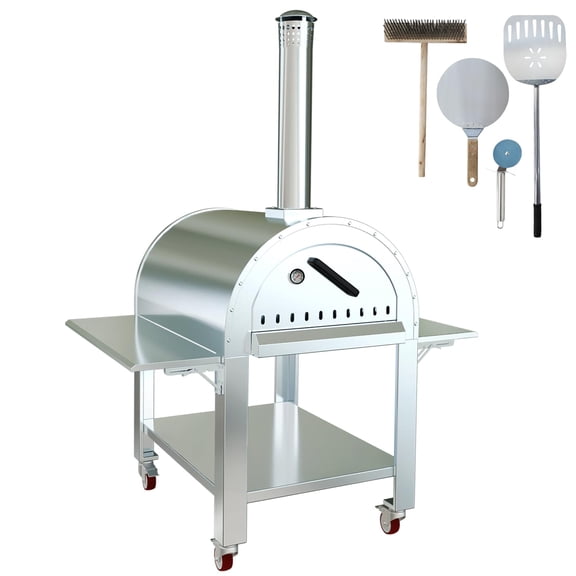32" Outdoor Pizza Oven, Portable Wood Fired Pizza Maker with Rolling Cart, Stainless Steel, for Backyard, Patio, Outdoor Kitchen, Parties, BBQ