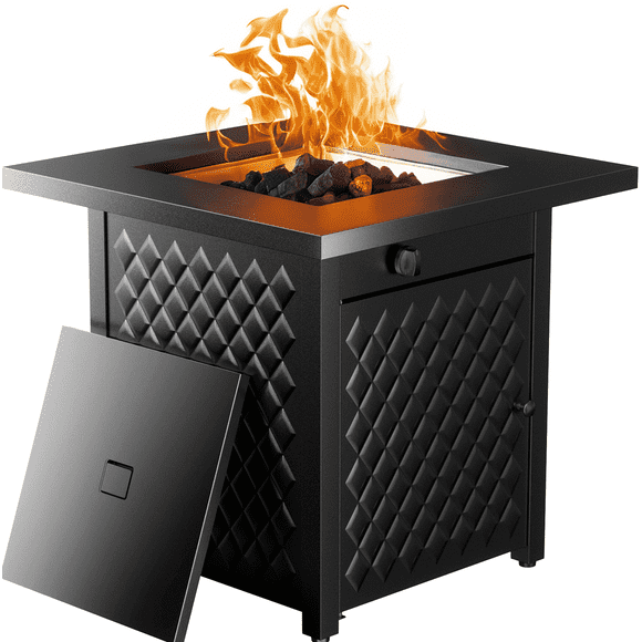32" Propane Fire Pit Table with Lid and Rock, 60,000 BTU Gas Fire Pit for Outside Patio Garden Party