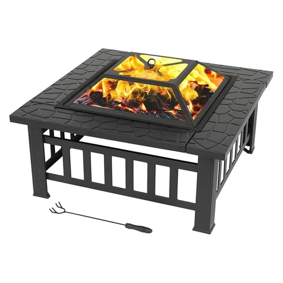 32" Outdoor Square with BBQ Rack, Rain Cover, Screen Top and Metal Firepit for Outside Backyard Patio Garden Terrace