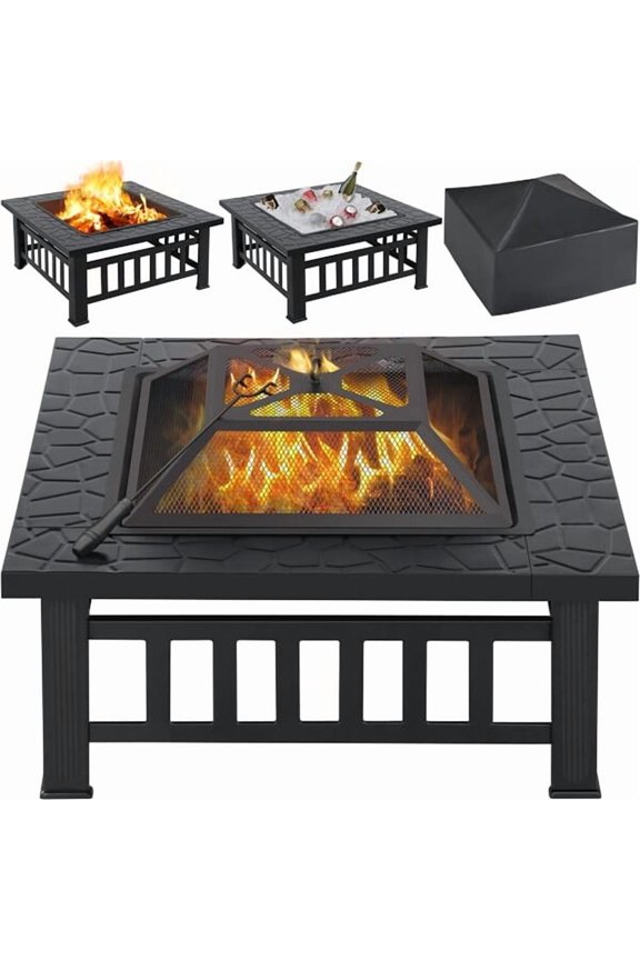 32" Outdoor Wood Burning Fire Pit Square Brazier with Mesh Lid, Poker & Waterproof Cover, Heavy-Duty Metal Patio Backyard Garden Stove for Heating, BBQ, Bonfire
